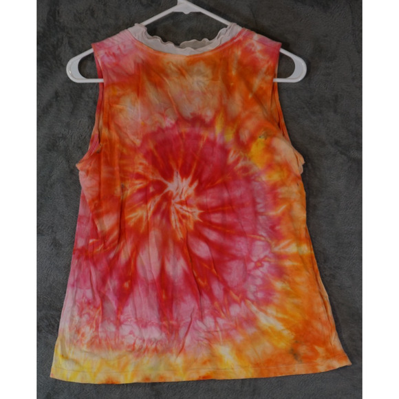Madison Ruffle Neck Tank Top Large Tie‑Dye Pink Orange Fire Swirl Artisan Dyed - Picture 2 of 13